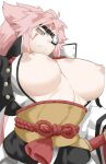  1girl angry baiken big_hair black_kimono breasts breasts_out clenched_teeth eyepatch facial_tattoo guilty_gear highres japanese_clothes kimono large_breasts long_hair nipples one-eyed open_clothes open_kimono pink_hair ponytail ryu3224 scar scar_across_eye scar_on_face solo tattoo teeth white_kimono 