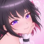  1girl azki_(hololive) black_hair commentary face head_rest head_tilt highres hololive looking_at_viewer multicolored_hair p-nekoe pink_hair portrait purple_eyes smile solo two-tone_hair virtual_youtuber 
