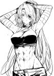  1girl abs armpits arms_up bandaged_arm bandages breasts commentary_request eyepatch greyscale highres long_hair lydia_macarthur medium_breasts midriff monochrome muscular muscular_female navel original scar solo sweat very_long_hair waka_(shark_waka) 