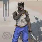 alphasabre anthro bottomwear bulge canid canine canis clothed clothing denim denim_clothing dirty ear_piercing facial_piercing fur greaser grey_body grey_fur grin hi_res jeans male mammal mechanic motorcycle muscular muscular_male nose_piercing nose_ring pants piercing ring_piercing sabre_(sabrethewolf) shirt smile solo tank_top teeth tools topwear vehicle wolf workshop wrench 