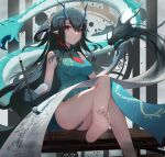  1girl absurdres aqua_dress arknights bangs bare_legs bare_shoulders barefoot black_hair breasts calligraphy_brush crossed_legs dress dusk_(arknights) dusk_(everything_is_a_miracle)_(arknights) elysion_(16869144) foot_out_of_frame hair_between_eyes highres holding holding_brush horns large_breasts long_hair looking_at_viewer official_alternate_costume paintbrush partially_visible_vulva pointy_ears red_eyes sitting solo tail thighs very_long_hair 