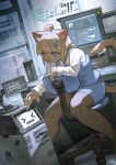  &gt;_&lt; 1girl :3 ahoge animal_ear_fluff animal_ears animal_hands animal_nose backlighting bangs black_legwear blinds blue_eyes blue_skirt blue_vest body_fur brown_fur brown_hair cat_ears cat_girl cat_tail chair claws closed_mouth computer day denchou desk dutch_angle english_text furry furry_female hair_ornament hairclip hand_up happy highres indoors light_rays long_sleeves looking_down miniskirt monitor office_chair office_lady on_chair original pantyhose pencil_skirt poking shirt short_hair sidelocks sitting skirt slit_pupils smile solo tail terminal thermos vest white_shirt window 