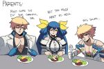  1girl 2boys blonde_hair blue_gloves closed_eyes dizzy_(guilty_gear) english_text father_and_son food fork gloves guilty_gear highres husband_and_wife knife ky_kiske mother_and_son multiple_boys pectoral_cleavage pectorals plate sin_kiske steak sweatdrop table tina_fate white_background 