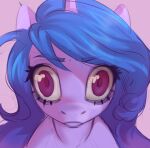  2022 anime_kubrick_stare blue_hair digital_media_(artwork) equid equine eyebrows eyelashes female feral hair hasbro helemaranth hi_res horn izzy_moonbow_(mlp) looking_at_viewer mammal mlp_g5 my_little_pony purple_body purple_eyes simple_background solo stare unicorn 