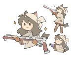  &gt;:) 1girl :3 ? animal_ears avatar_(ff14) bandana brown_hair cat_ears cat_tail chibi gloves gun highres indie_virtual_youtuber machinist_(final_fantasy) miqo&#039;te rifle sparkle tail temmie_chang temmie_chang_(character) tunic v-shaped_eyebrows weapon white_background 