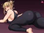  1girl artist_name ass ass_visible_through_thighs bangs black_pants black_sports_bra blonde_hair blunt_bangs boku_no_hero_academia breasts cameltoe commentary covered_nipples curvy double_bun eyelashes fangs grin groin gym_shirt hair_bun highres huge_ass jmg large_breasts looking_at_viewer looking_back looking_down lying messy_hair mixed-language_commentary on_stomach pants purple_background raised_eyebrows shiny shiny_hair shirt skindentation smile solo sports_bra standing steaming_body sweat sweatpants tank_top thick_thighs thighs toga_himiko wide_hips yellow_eyes yoga_pants 