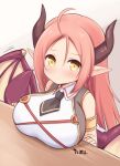 1girl bangs bare_shoulders blush breasts brown_wings character_request closed_mouth dragon_girl dragon_horns hair_between_eyes highres horns iris_mysteria! large_breasts long_hair looking_at_viewer motion_lines parted_bangs pink_hair pointy_ears shirt sleeveless sleeveless_shirt solo upper_body very_long_hair white_shirt wings yellow_eyes yuu_(yumezakura) 