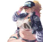  1girl alternate_costume bangs baseball_cap belt black_headwear black_jacket black_nails blonde_pubic_hair blush braid breasts cleavage closed_mouth commentary_request cookie_(touhou) covered_navel cowboy_shot crop_top english_text fat female_pubic_hair hair_between_eyes hat high_ponytail highres huge_breasts jacket kirisame_marisa long_hair looking_at_viewer mars_(cookie) navel open_clothes open_jacket otemoto_(baaaaloooo) ponytail pubic_hair shirt side_braid simple_background single_braid solo sweat thigh_belt thigh_strap touhou underboob wet wet_clothes wet_shirt white_background white_shirt wristband yellow_eyes zipper 