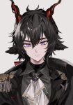  1boy animal_ears aogisa arknights bishounen black_suit closed_mouth ebenholz_(arknights) eyebrows_behind_hair formal frills goat_boy goat_ears goat_horns highres horns long_hair looking_at_viewer male_focus purple_eyes simple_background solo suit upper_body white_background 