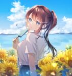  1girl bangs blue_eyes blue_skirt blue_sky breasts brown_hair bubble cloud cloudy_sky commentary flower food hair_over_shoulder hand_up highres holding holding_food long_hair looking_at_viewer looking_back mountain original parted_lips ponytail popsicle ragi_(diabolik_angle) school_uniform shirt shirt_tucked_in short_sleeves skirt sky small_breasts solo sunflower symbol-only_commentary twitter_username upper_body water white_shirt 