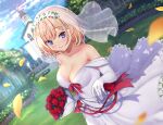  1girl \||/ bare_shoulders blonde_hair blue_eyes blurry blurry_foreground blush bokeh bouquet breasts brick bridal_veil bride character_request church cleavage closed_mouth cloud collarbone commentary depth_of_field dot_nose dress dutch_angle elbow_gloves flower gloves grass hair_ornament hairclip holding holding_bouquet jewelry looking_at_viewer medium_breasts medium_hair monster_company necklace off-shoulder_dress off_shoulder official_art outdoors petals red_flower red_ribbon red_rose ribbon ring rose shadow sky smile solo tree veil wedding wedding_dress wedding_ring white_dress white_gloves wowoguni 