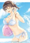  1girl ;d ball bangs bare_shoulders beachball bikini blue_eyes blue_sky blue_swimsuit blush bracelet breasts brown_hair cleavage cloud collarbone cowboy_shot day earrings frilled_bikini frilled_swimsuit frills front-tie_top hair_between_eyes hair_ribbon holding holding_ball jewelry looking_at_viewer medium_breasts medium_hair mono_lith navel necklace ocean one_eye_closed open_mouth original outdoors panties partially_submerged ribbon shell shell_earrings side-tie_panties sky smile solo standing stomach swimsuit underwear water water_drop wet wet_hair white_ribbon 