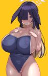  areola_slip black_hair blonde_hair blue_archive blush breast_suppress breasts cleavage colored_inner_hair covered_nipples frown groin hair_over_one_eye halo highres huge_breasts long_hair lop_rabbit_ears multicolored_hair partially_visible_vulva purple_eyes rabbit_girl rose_neru school_swimsuit simple_background sweat swimsuit taut_clothes tsukuyo_(blue_archive) two-tone_hair undersized_clothes very_long_hair yellow_background 