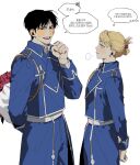  1boy 1girl aiguillette amestris_military_uniform black_eyes black_hair blonde_hair blush bouquet commentary_request donggoureng2 flower folded_ponytail fullmetal_alchemist hetero highres holding holding_bouquet korean_commentary korean_text looking_at_another nervous riza_hawkeye roy_mustang sigh speech_bubble sweat thought_bubble translation_request white_background yellow_eyes 