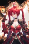  1girl blush breasts card choker cleavage closed_mouth crown dress facing_viewer fire frown gloves godoju grimlight highres holding holding_card long_hair looking_afar pink_eyes queen_of_hearts_(grimlight) red_hair solo twintails very_long_hair 