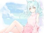  1girl animal_ears bangs bare_shoulders blue_flower blue_sky brown_eyes cat_ears cat_girl cat_tail closed_mouth cloud cloudy_sky day detached_sleeves feet_out_of_frame flower green_hair hair_between_eyes hair_flower hair_ornament horizon knee_up long_sleeves looking_at_viewer murano ocean original pink_shirt pink_skirt pink_sleeves pleated_skirt shirt sitting skirt sky sleeveless sleeveless_shirt smile snowflake_hair_ornament solo tail two_side_up water water_drop wide_sleeves 