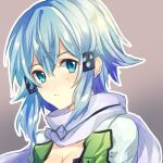  1girl bangs blue_eyes blue_hair breasts cleavage closed_mouth green_jacket hair_between_eyes hair_ornament hairclip hozumi_rino jacket looking_at_viewer medium_hair outline scarf sidelocks sinon solo sword_art_online upper_body white_outline white_scarf 