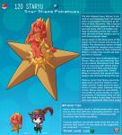  1boy 1girl artist_name blue_background breasts character_name character_profile colored_skin crystal_hair english_commentary english_text hat_feather highres kinkymation personification poke_ball poke_ball_(basic) pokemon purple_hair red_eyes red_skin small_breasts staryu tiara 