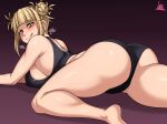  1girl arm_behind_back artist_name ass_visible_through_thighs bangs black_sports_bra blunt_bangs boku_no_hero_academia breasts cameltoe commentary covered_nipples curvy double_bun english_commentary eyelashes grin groin hair_bun hand_up highres jmg large_breasts licking_lips looking_at_viewer looking_down messy_hair paid_reward_available purple_background raised_eyebrows shiny shiny_hair skindentation smile solo sports_bra standing steaming_body sweat thick_thighs thighs toga_himiko tongue tongue_out wide_hips yellow_eyes 