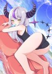  1girl bangs blush braid demon_girl demon_horns food fumi_(fumibeing) hair_between_eyes highres hololive holox horns la+_darknesss long_hair looking_at_viewer multicolored_hair one-piece_swimsuit pointy_ears popsicle purple_hair solo streaked_hair striped_horns swimsuit tail virtual_youtuber yellow_eyes 
