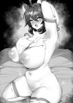  :d absurdres ahoge animal_ears arm_up armpits black_hair blue_archive blush breasts curvy detached_sleeves greyscale highres huge_breasts inverted_nipples kaede_(blue_archive) maebari monochrome navel on_bed open_mouth short_hair smile spread_armpit sweat thighhighs thirty_8ght topless 