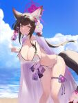  1girl absurdres animal_ear_fluff animal_ears bangs bikini blue_archive breasts cleavage cloud corrugatedrush covered_nipples day flower fox_ears fox_girl fox_shadow_puppet fox_tail groin hair_flower hair_ornament halo highres large_breasts leaning_forward light_blush long_hair looking_at_viewer navel outdoors sand smile solo standing string_bikini swimsuit tail teeth thigh_strap wakamo_(blue_archive) wakamo_(swimsuit)_(blue_archive) water wet white_bikini yellow_eyes 