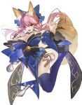  1girl animal_ear_fluff animal_ears anmochi_mochi blue_bow blue_kimono bow fang fate/extra fate_(series) fox_ears fox_girl fox_shadow_puppet fox_tail hand_on_own_chest highres japanese_clothes kimono one_eye_closed pink_hair skin_fang solo split_ponytail tail tamamo_(fate) tamamo_no_mae_(fate/extra) white_background yellow_eyes 