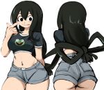  1girl arm_behind_back ass asui_tsuyu bangs black_eyes black_hair boku_no_hero_academia breasts character_print cowboy_shot cropped_shirt from_behind hair_between_eyes high-waist_shorts highres kermit_the_frog large_hands multiple_views muppets navel rakeemspoon short_shorts short_sleeves shorts simple_background sketch symbol-only_commentary thigh_gap thighs tongue tongue_out underbutt wide_hips 