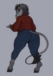 anthro big_breasts black_nose blue_bottomwear blue_clothing blue_jeans blue_pants bottomwear bovid bovine breast_squish breasts butt cattle chelodoy clothed clothing curvaceous curvy_figure denim denim_clothing ear_piercing ear_tag female fingers floppy_ears fur grey_body grey_fur hi_res hooves horn jeans looking_back mammal miravine pants piercing red_clothing solo squish sweater tail_motion tail_tuft topwear tuft turtleneck turtleneck_sweater voluptuous wide_hips 