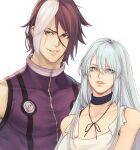  1boy 1girl biceps black_hair blue_eyes blue_hair collarbone couple dress highres isolde_(kof) ktovhinao looking_at_viewer multicolored_hair muscular muscular_male nameless_(kof) scar scar_on_cheek scar_on_face smile the_king_of_fighters 