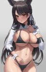  1girl absurdres atago_(azur_lane) atago_(stunning_speedster)_(azur_lane) azur_lane bikini black_bikini black_hair blush breasts brown_eyes cleavage crop_top ear_ribbon grey_background hair_ornament highres long_hair looking_at_viewer navel onedoo race_queen shiny shiny_hair simple_background skindentation solo swimsuit wrist_cuffs 