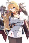  1girl absurdres arm_under_breasts armband azur_lane black_choker black_gloves black_legwear blonde_hair blue_eyes breasts choker cleavage closed_mouth cross cross_choker finger_to_face gloves hairband hane_(feathe02) highres holding_own_arm large_breasts long_hair looking_at_viewer military military_uniform north_carolina_(azur_lane) rigging smile solo uniform white_hairband 