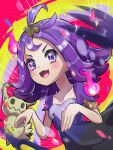  +_+ 1girl acerola_(pokemon) armlet blush claws collarbone dress fire ghost_pose highres inana_umi looking_at_viewer mimikyu open_mouth pokemon pokemon_(creature) pokemon_(game) pokemon_sm purple_eyes purple_fire purple_hair smile stitches torn_clothes torn_dress 