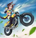  1girl :d alternate_hairstyle animal_ears bangs belt black_jacket black_shorts blue_sky boots brown_eyes brown_hair cloud cloudy_sky full_body gloves goggles goggles_on_head ground_vehicle hair_over_one_eye highres horse_ears horse_girl horse_tail jacket leaf motor_vehicle motorcycle navel okken open_mouth outdoors riding shirt shoe_soles short_hair shorts sky smile solo tail thigh_boots umamusume vodka_(umamusume) yellow_eyes yellow_gloves yellow_shirt 