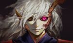  1boy black_background brown_eyes brown_sclera check_copyright code_geass colored_sclera copyright_request face geass glowing glowing_eye grey_hair hare_(yamihuji) heterochromia long_hair onmyoji painterly parted_lips purple_eyes simple_background smile solo upper_body 
