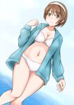  1girl beach bikini blue_jacket blue_sky breasts brown_eyes brown_hair collarbone cowboy_shot dutch_angle hair_between_eyes hairband highres jacket kantai_collection koru_pera large_breasts long_sleeves natori_(kancolle) navel short_hair sky smile solo swimsuit swimsuit_under_clothes track_jacket water white_bikini 