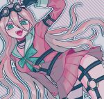  1girl aqua_bow aqua_eyes bangs black_choker blush bow breasts choker commentary danganronpa_(series) danganronpa_v3:_killing_harmony goggles goggles_on_head hair_between_eyes hand_up highres iruma_miu long_hair long_sleeves o-ring open_mouth outline pink_hair pink_shirt pink_skirt pisapipi pleated_skirt sailor_collar school_uniform shirt skirt smile solo striped striped_background symbol-only_commentary thighs tongue very_long_hair white_outline 