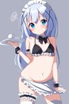  1girl absurdres alternate_costume apron bangs bare_shoulders bikini black_bikini black_bow black_bowtie black_bra blue_eyes blush bow bowtie bra breasts bridal_garter closed_mouth collar collarbone commentary_request cup frilled_apron frilled_cuffs frills gochuumon_wa_usagi_desu_ka? grey_background hair_between_eyes hair_ornament highres holding holding_tray kabocya_na kafuu_chino light_blue_hair long_hair looking_at_viewer maid_headdress navel no_panties plate simple_background small_breasts solo stomach swimsuit thighhighs tray underwear waist_apron white_apron white_collar white_legwear wrist_cuffs x_hair_ornament 