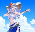  1girl :d alternate_costume armlet bare_shoulders bikini bikini_top_only black_collar blue_bikini blue_eyes blue_hair blue_sarong blue_sky bracelet cloud collar commentary_request contemporary cowboy_shot day final_fantasy final_fantasy_xiv flower from_side front-tie_bikini front-tie_top hands_up hat hat_flower hibiscus highres jewelry korean_commentary lei light_particles long_hair looking_ahead midriff navel open_mouth outdoors outstretched_arm sarong side_slit signature sky smile solo standing straw_hat swimsuit twitter_username venat_(ff14) white_flower wild5lee 