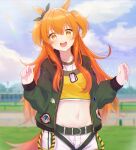  1girl absurdres animal_ears belt blue_sky breasts cloud hair_ribbon highres horse_ears horse_girl horse_tail jacket long_hair looking_at_viewer mayano_top_gun_(umamusume) open_clothes open_mouth orange_eyes orange_hair outdoors ribbon shorts sky smile solo stomach tail twintails umamusume vest zapik 