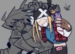  2boys absurdres axl_low bandana bbhdrrr belt blonde_hair blue_eyes fingerless_gloves gloves guilty_gear highres jacket letterman_jacket male_focus multiple_boys phone simple_background smile sol_badguy 