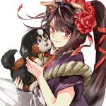  1girl ahoge animal animal_ears brown_hair dog dog_ears fate/grand_order fate_(series) flower hair_flower hair_ornament holding holding_animal holding_dog japanese_clothes kimono kyokutei_bakin_(fate) long_hair ponytail red_eyes smile tekuteku_aruko white_background 