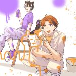  2boys :d ahoge animal_ears black_hair bucket curtained_hair fang foot_out_of_frame hair_between_eyes heterochromia highres holding holding_paintbrush holostars jackal_boy jackal_ears jackal_tail jumpsuit kageyama_shien ladder looking_ahead looking_at_another male_focus mole mole_under_eye multicolored_hair multiple_boys orange_eyes orange_footwear orange_hair orange_shirt paint paint_on_body paint_on_clothes paint_splatter paintbrush pants purple_eyes purple_footwear purple_pants purple_shirt shirt shoes short_hair short_sleeves sitting sleeves_rolled_up smile sneakers spray_paint squatting stepladder streaked_hair t-shirt teeth two-tone_hair upper_teeth v-shaped_eyebrows virtual_youtuber white_hair yamosasa000 yellow_eyes yukoku_roberu 
