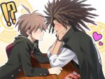  !? 2boys bangs bead_bracelet beads black_jacket blush bracelet brown_eyes brown_hair danganronpa:_trigger_happy_havoc danganronpa_(series) facing_another food from_side green_jacket grey_background hagakure_yasuhiro hands_up heart hood hood_down hoodie jacket jacket_on_shoulders jewelry kajiwara_io long_hair long_sleeves looking_at_another multiple_boys naegi_makoto pocky pocky_in_mouth shiny shiny_hair short_hair sweatdrop table yaoi 