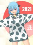  1girl 2021 absurdres alternate_costume animal_ears animal_print bell blue_eyes blue_hair cow_ears cow_horns cow_print cowboy_shot garasuita heterochromia highres hood hoodie horns looking_at_viewer neck_bell open_mouth red_eyes short_hair solo standing tatara_kogasa touhou 