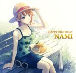  1girl absurdres bandages bare_shoulders bench breasts brown_eyes character_name cleavage closed_mouth food fruit grass happy_birthday hat highres large_breasts looking_at_viewer mandarin_orange meijin_kusano nami_(one_piece) one_piece orange_hair short_hair sitting sleeveless solo straw_hat tank_top 