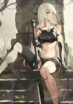  1girl android armlet asymmetrical_legwear black_gloves black_legwear black_shorts black_tank_top crop_top elbow_gloves fadingz gloves grey_eyes hair_between_eyes highres joints long_hair midriff mole mole_under_mouth navel nier_(series) nier_automata parted_lips robot_joints shorts signature solo sword tank_top thighhighs very_long_hair weapon white_hair yorha_type_a_no._2 