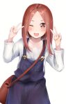  1girl ;d absurdres bag bangs blue_overalls blush brown_eyes brown_hair collarbone commentary_request commission double_v highres karakai_jouzu_no_takagi-san long_sleeves looking_at_viewer medium_hair one_eye_closed open_mouth overalls parted_bangs pixiv_request shirt simple_background smile solo takagi-san v white_background white_shirt yuunamida_uyu 
