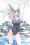  1girl animal_ear_fluff animal_ears arm_behind_head armpits arms_up asicah blue_archive blue_eyes blush breasts bright_pupils closed_mouth competition_swimsuit covered_navel cross_hair_ornament dated dot_nose grey_hair hair_ornament halo hand_on_own_arm highleg highleg_swimsuit highres large_breasts looking_to_the_side medium_hair mismatched_pupils one-piece_swimsuit outdoors plant rock shiroko_(blue_archive) shiroko_(swimsuit)_(blue_archive) solo standing swimsuit thighs tree two-tone_swimsuit wading water wet white_pupils 