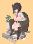  1girl absurdres black_hair blush breast_milk breasts breasts_out brown_eyes bucket full_body highres huge_breasts lactation milk necktie nipples original plant red_necktie shirt short_hair sitting solo spy_(user_jxcc8553) white_shirt yellow_background 